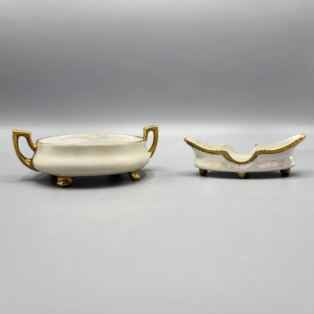 Prov Saxe Germany Trinket Dish Set Vintage Lusterware Gold Trim Footed White